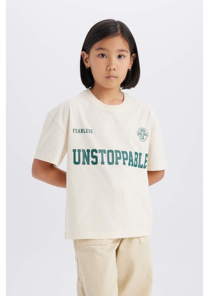 Kız Çocuk Relax Fit Bisiklet Yaka Baskılı Kısa Kollu Tişört D8538A825SM