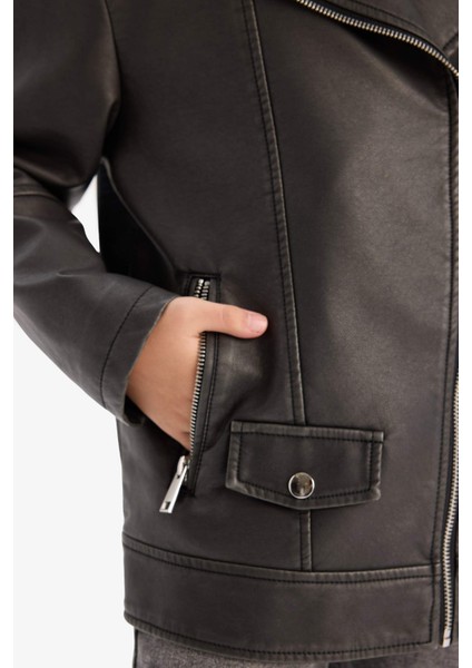 Kız Çocuk Su Geçirmez Fermuarlı Çift Cepli Suni Deri Ceket Mont D6922A825SP