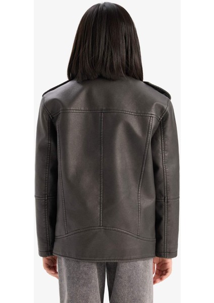 Kız Çocuk Su Geçirmez Fermuarlı Çift Cepli Suni Deri Ceket Mont D6922A825SP