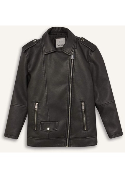 Kız Çocuk Su Geçirmez Fermuarlı Çift Cepli Suni Deri Ceket Mont D6922A825SP