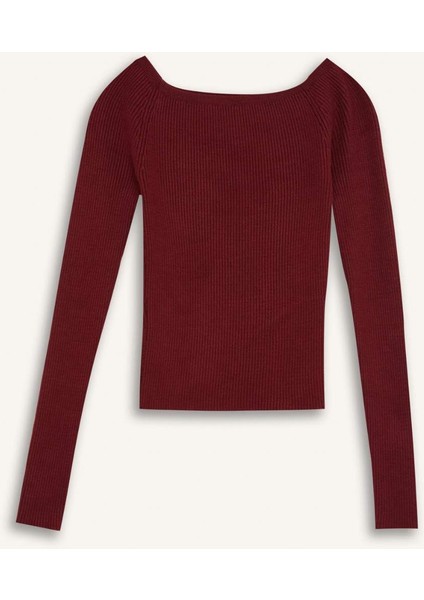Fitted Açık Omuz Basic Düz Bordo Triko Kazak E0314AX24WN