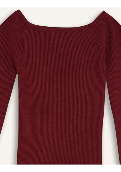 Fitted Açık Omuz Basic Düz Bordo Triko Kazak E0314AX24WN