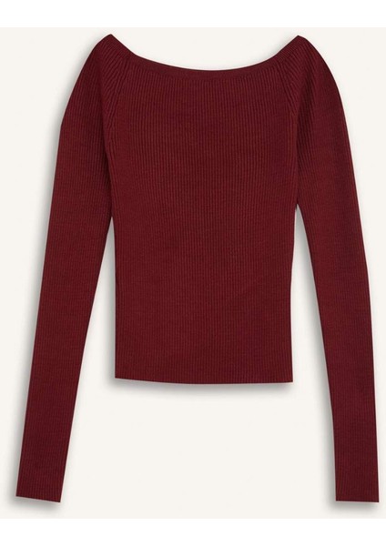 Fitted Açık Omuz Basic Düz Bordo Triko Kazak E0314AX24WN