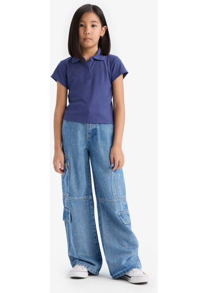 Kız Çocuk Slim Fit Dar Kesim Polo Yaka Basic Düz Fitilli Kaşkorse Kısa Kollu Tişört