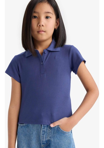 Kız Çocuk Slim Fit Dar Kesim Polo Yaka Basic Düz Fitilli Kaşkorse Kısa Kollu Tişört