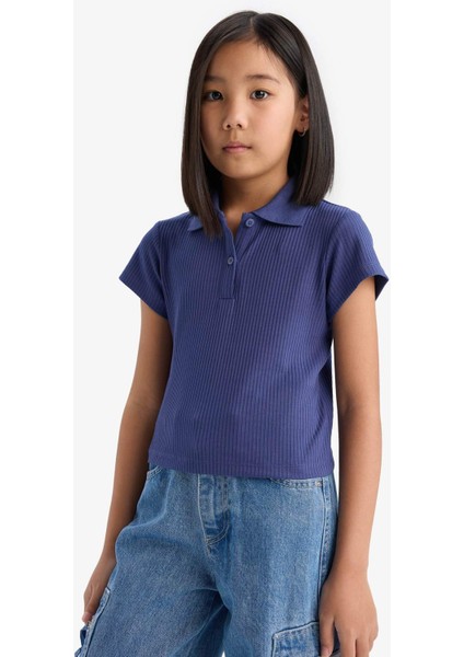 Kız Çocuk Slim Fit Dar Kesim Polo Yaka Basic Düz Fitilli Kaşkorse Kısa Kollu Tişört