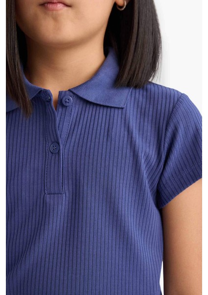 Kız Çocuk Slim Fit Dar Kesim Polo Yaka Basic Düz Fitilli Kaşkorse Kısa Kollu Tişört