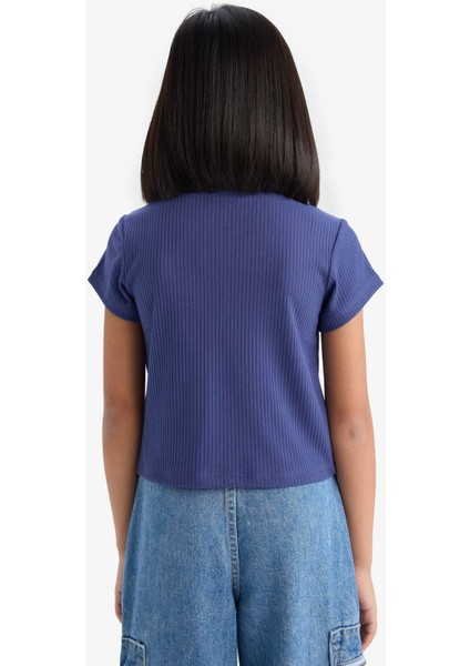 Kız Çocuk Slim Fit Dar Kesim Polo Yaka Basic Düz Fitilli Kaşkorse Kısa Kollu Tişört