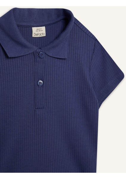 Kız Çocuk Slim Fit Dar Kesim Polo Yaka Basic Düz Fitilli Kaşkorse Kısa Kollu Tişört