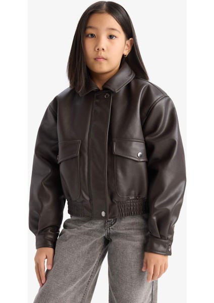 Kız Çocuk Su Geçirmez Fermuarlı Çift Cepli Suni Deri Mont Ceket D6925A825SP