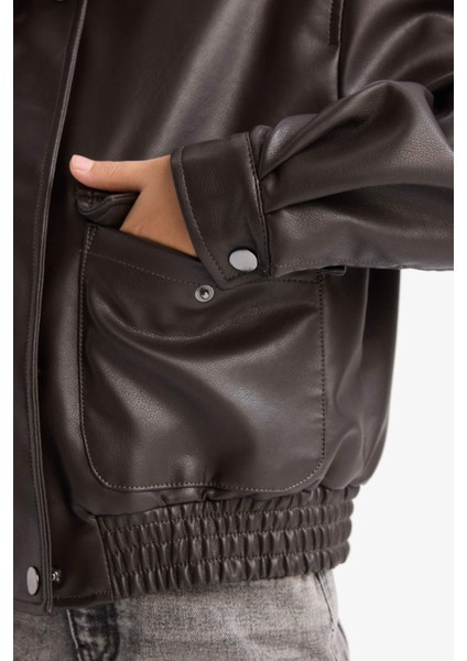 Kız Çocuk Su Geçirmez Fermuarlı Çift Cepli Suni Deri Mont Ceket D6925A825SP