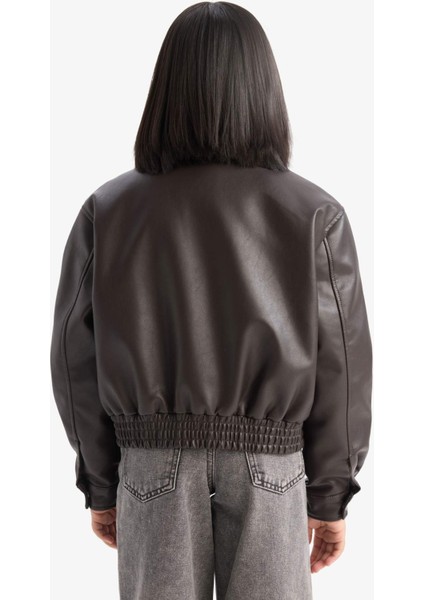 Kız Çocuk Su Geçirmez Fermuarlı Çift Cepli Suni Deri Mont Ceket D6925A825SP