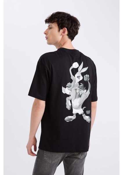 %100 Pamuk Looney Tunes Boxy Fit Bisiklet Yaka Sırt Baskılı Kısa Kollu Tişört