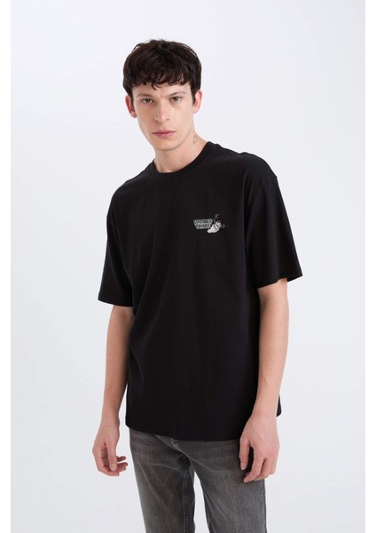 %100 Pamuk Looney Tunes Boxy Fit Bisiklet Yaka Sırt Baskılı Kısa Kollu Tişört