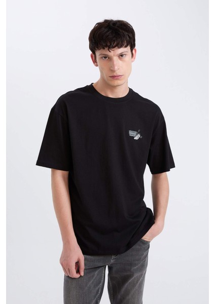 %100 Pamuk Looney Tunes Boxy Fit Bisiklet Yaka Sırt Baskılı Kısa Kollu Tişört