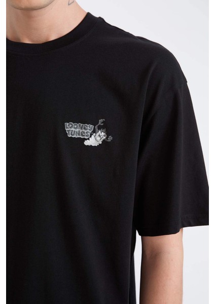 %100 Pamuk Looney Tunes Boxy Fit Bisiklet Yaka Sırt Baskılı Kısa Kollu Tişört