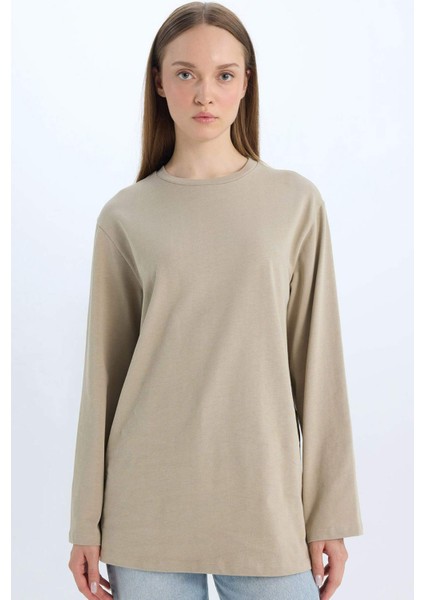 Regular Fit Bisiklet Yaka Basic Düz Uzun Kollu Tişört Tunik D4897AX24WN