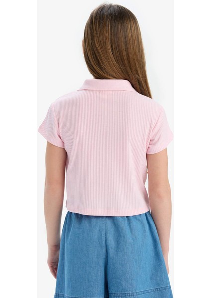 Kız Çocuk Slim Fit Dar Kesim Polo Yaka Basic Düz Fitilli Kaşkorse Kısa Kollu Tişört Z7794A625SM