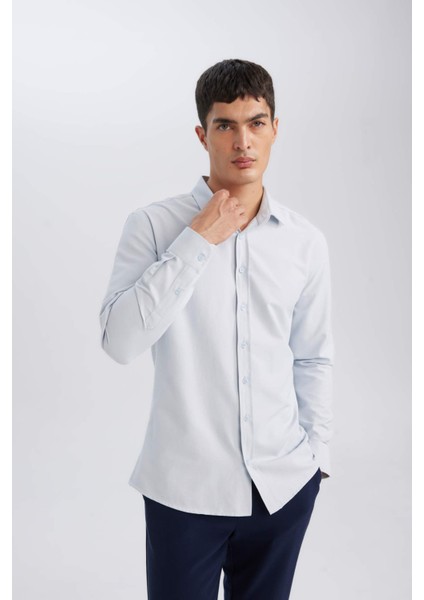 Modern Kesim Dokulu Düz Pamuk Karışımlı Uzun Kollu Gömlek E0475AX24AU