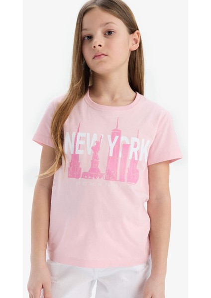 Kız Çocuk Bisiklet Yaka Baskılı Kısa Kollu Tişört E0349A825SM