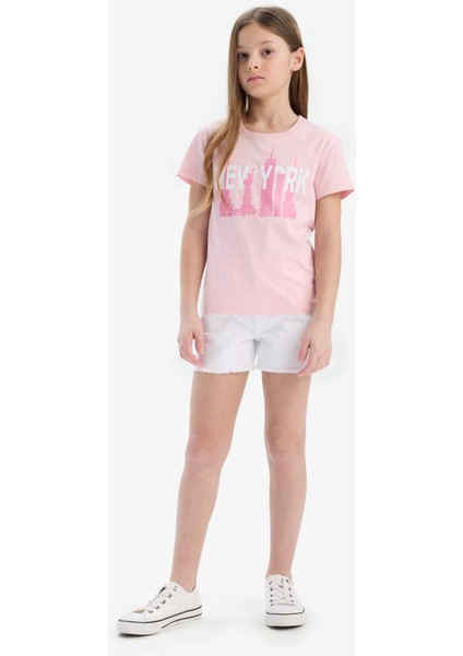 Kız Çocuk Bisiklet Yaka Baskılı Kısa Kollu Tişört E0349A825SM