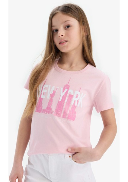 Kız Çocuk Bisiklet Yaka Baskılı Kısa Kollu Tişört E0349A825SM