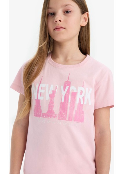 Kız Çocuk Bisiklet Yaka Baskılı Kısa Kollu Tişört E0349A825SM