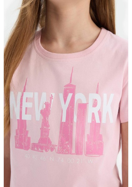 Kız Çocuk Bisiklet Yaka Baskılı Kısa Kollu Tişört E0349A825SM