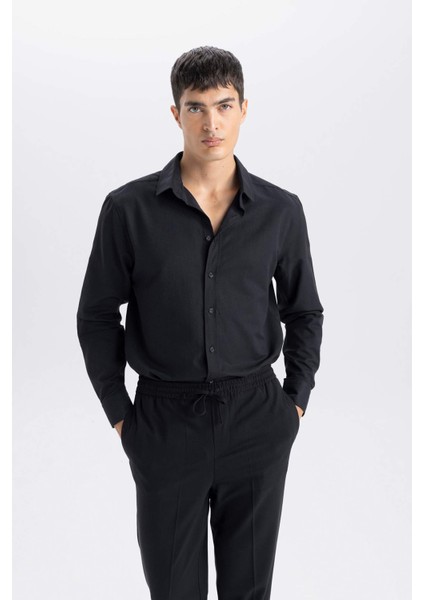 Okula Dönüş Modern Fit Polo Yaka Dokulu Uzun Kollu Gömlek E0475AX24AU