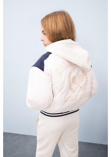 Kız Çocuk Su Geçirmez Şişme Bomber Mont Kapüşonlu Kolej Yaka Nakışlı Cepli D6933A825SP