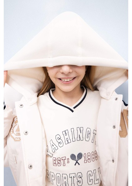 Kız Çocuk Su Geçirmez Şişme Bomber Mont Kapüşonlu Kolej Yaka Nakışlı Cepli D6933A825SP