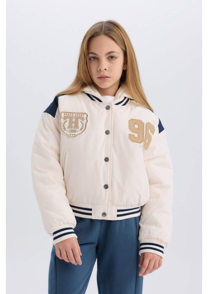 Kız Çocuk Su Geçirmez Şişme Bomber Mont Kapüşonlu Kolej Yaka Nakışlı Cepli D6933A825SP