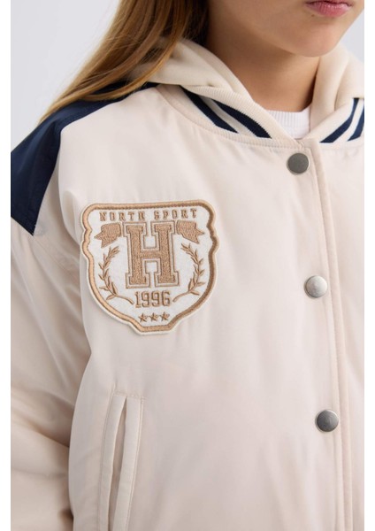 Kız Çocuk Su Geçirmez Şişme Bomber Mont Kapüşonlu Kolej Yaka Nakışlı Cepli D6933A825SP