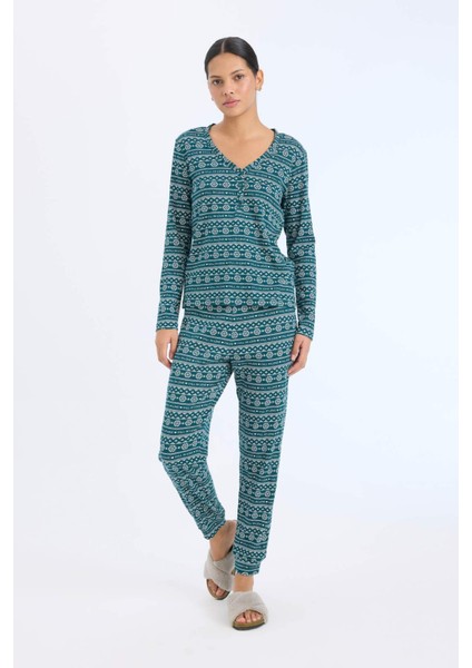 Pijama Takımı Waffle Kumaş Uzun Kollu Üst Beli Lastikli Uzun Alt-Fall in Love D2284AX24WN