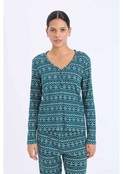 Pijama Takımı Waffle Kumaş Uzun Kollu Üst Beli Lastikli Uzun Alt-Fall in Love D2284AX24WN