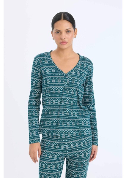 Pijama Takımı Waffle Kumaş Uzun Kollu Üst Beli Lastikli Uzun Alt-Fall in Love D2284AX24WN