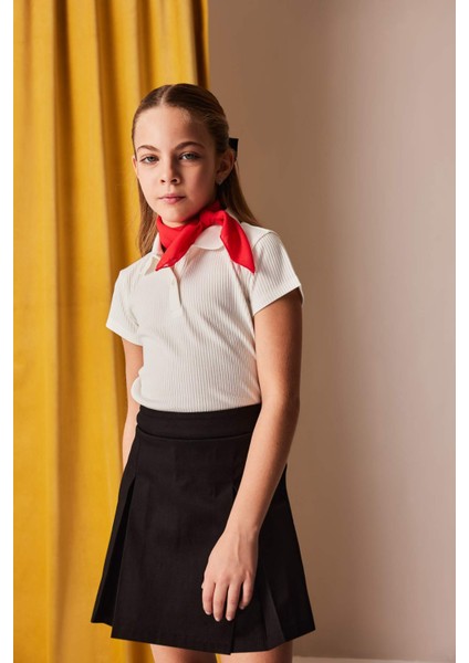 Kız Çocuk Slim Fit Dar Kesim Polo Yaka Basic Düz Fitilli Kaşkorse Kısa Kollu Tişört