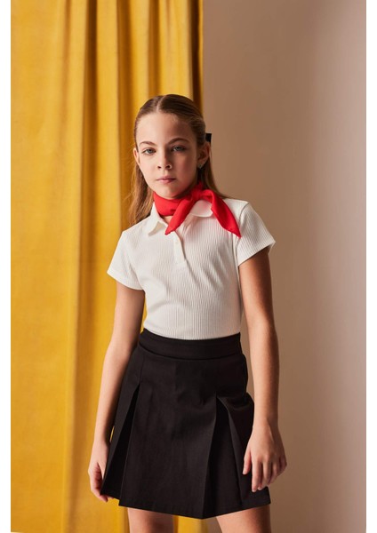 Kız Çocuk Slim Fit Dar Kesim Polo Yaka Basic Düz Fitilli Kaşkorse Kısa Kollu Tişört