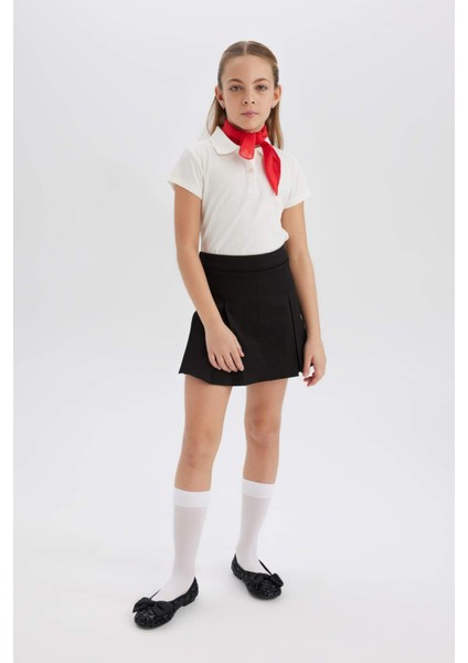 Kız Çocuk Slim Fit Dar Kesim Polo Yaka Basic Düz Fitilli Kaşkorse Kısa Kollu Tişört