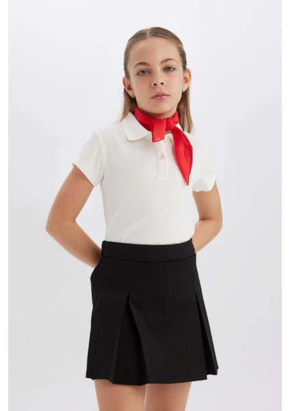 Kız Çocuk Slim Fit Dar Kesim Polo Yaka Basic Düz Fitilli Kaşkorse Kısa Kollu Tişört