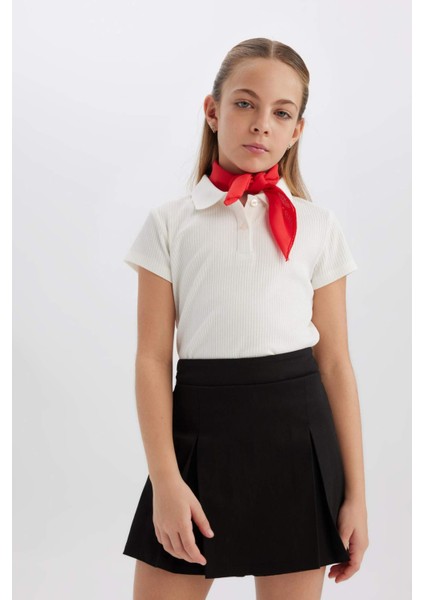 Kız Çocuk Slim Fit Dar Kesim Polo Yaka Basic Düz Fitilli Kaşkorse Kısa Kollu Tişört