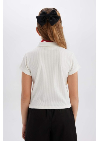 Kız Çocuk Slim Fit Dar Kesim Polo Yaka Basic Düz Fitilli Kaşkorse Kısa Kollu Tişört