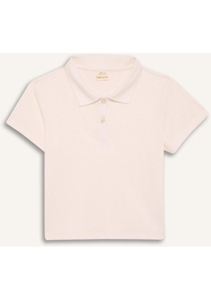 Kız Çocuk Slim Fit Dar Kesim Polo Yaka Basic Düz Fitilli Kaşkorse Kısa Kollu Tişört