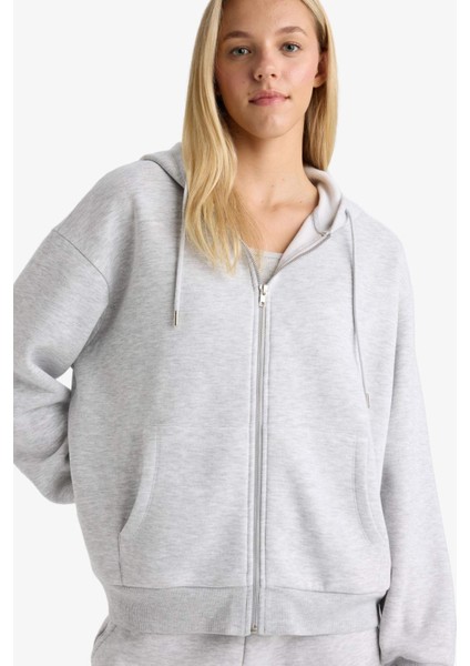 Relax Fit Kapüşonlu Cepli Basic Düz Fermuarlı Sweatshirt C1809AX25SP