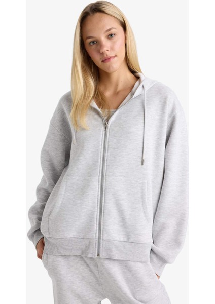 Relax Fit Kapüşonlu Cepli Basic Düz Fermuarlı Sweatshirt C1809AX25SP