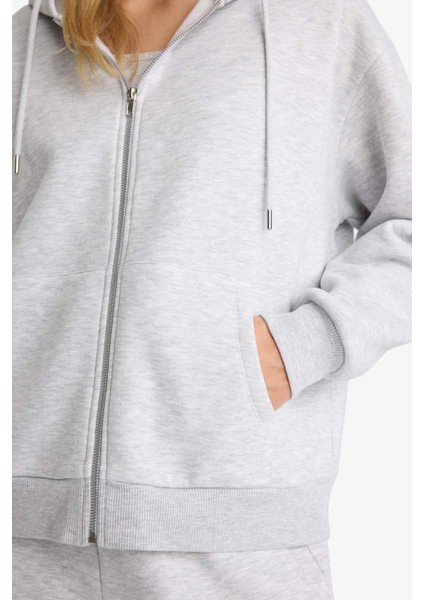 Relax Fit Kapüşonlu Cepli Basic Düz Fermuarlı Sweatshirt C1809AX25SP