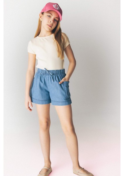 Kız Çocuk Beli Lastikli Cepli Jean Şort B6574A825SM
