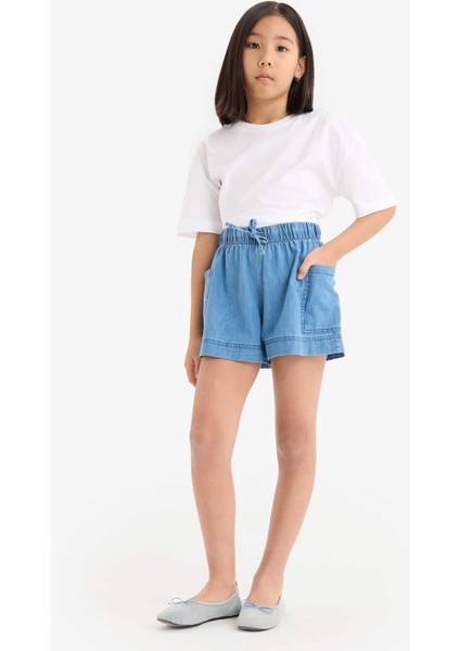 Kız Çocuk Beli Lastikli Cepli Jean Şort B6574A825SM
