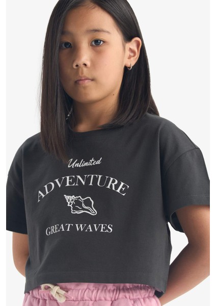 Kız Çocuk Crop Bisiklet Yaka Baskılı Kısa Kollu Tişört E0385A825SM