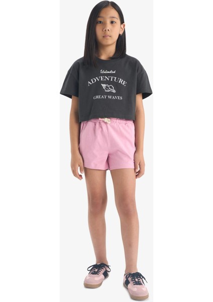 Kız Çocuk Crop Bisiklet Yaka Baskılı Kısa Kollu Tişört E0385A825SM